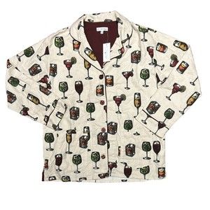 PJ‎ Salvage Flannel Pajama TOP Button Down Women XS CHEERS Wine COCKTAILS